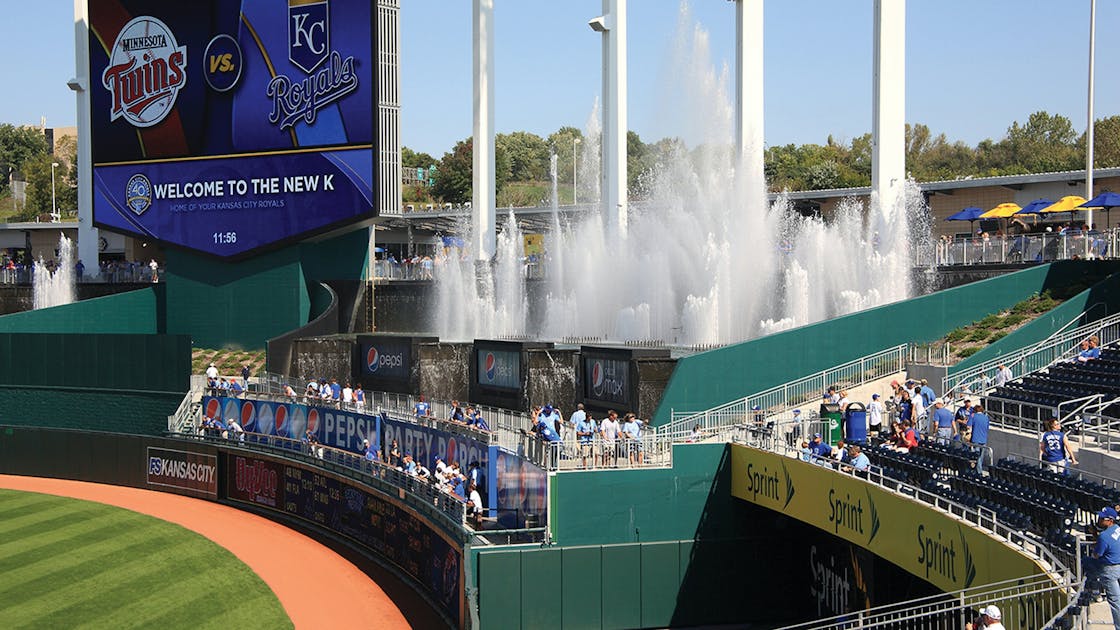 the water fountains at the pepsi porch; right field section of kauffman  stadium: kansas city, missouri
