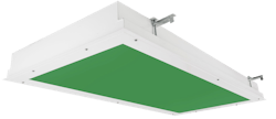 This green lighting fixture is equipped with LEDs that emit a peak wavelength of 540nm and distribute the green light through a clear lens and into the OR. This type of solution is able to provide light in a more saturated green hue than a fixture that contains white light sources that are then filtered through a green lens. This green lighting fixture is equipped with LEDs that emit a peak wavelength of 540nm and distribute the green light through a clear lens and into the OR. This type of solution is able to provide light in a more saturated green hue than a fixture that contains white light sources that are then filtered through a green lens.