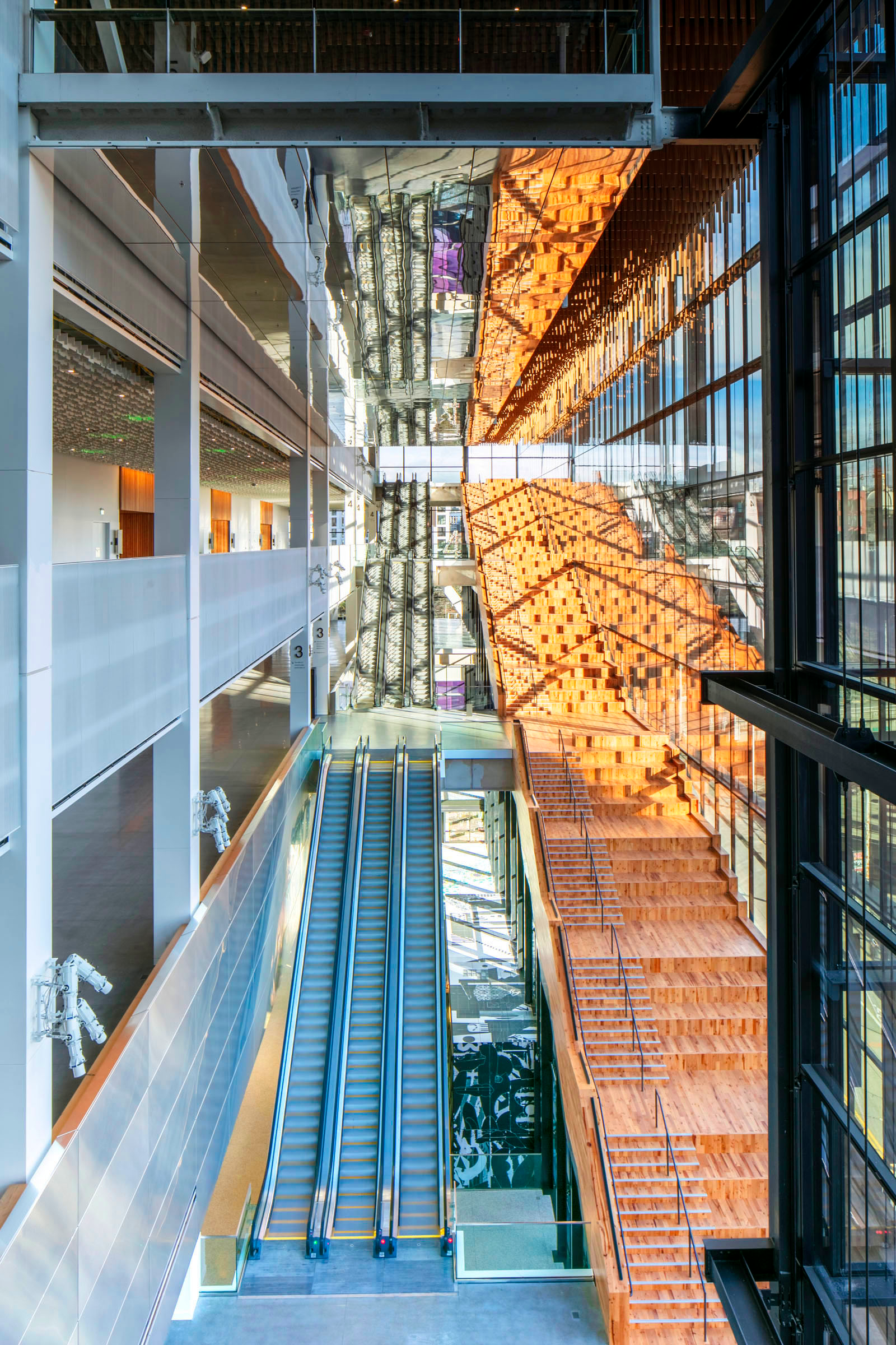 Running alongside an escalator on one side and an expansive curtain wall on the other is the Pacific Madrone wooden Hill Climb with blackened steel railings.