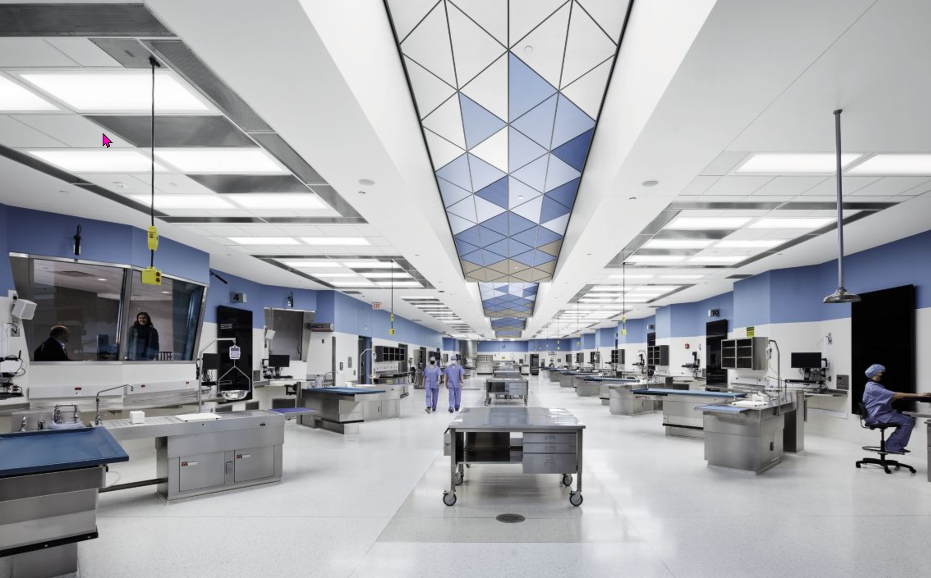 Calla DesignFlex triangular ceiling panels are pieced in four 29-foot-long sloping sections.