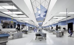 Calla DesignFlex triangular ceiling panels are pieced in four 29-foot-long sloping sections. Calla DesignFlex triangular ceiling panels are pieced in four 29-foot-long sloping sections.