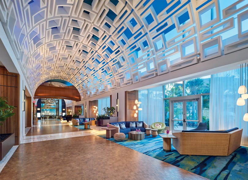 Seminole Hard Rock Hotel and Casino&apos;s 117-ft.-long hallway features Decoustics Claro and Decoustics Architectural Forms panels of varying thickness to reduce noise.