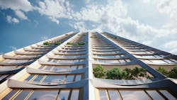 The facade generates energy through the application of solar glass and photovoltaics. The facade generates energy through the application of solar glass and photovoltaics.