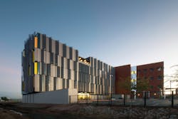 On the south facade, DLR Group placed fins next to windows to cast shade on the openings. On the south facade, DLR Group placed fins next to windows to cast shade on the openings.