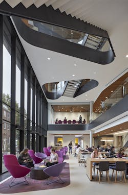 Payette strategically specified Solarban® 72 Starphire® glass for the IGUs and curtainwall to deliver views to 95% of the building with an extremely low window-towall ratio of 24% for the highly efficient enclosure. Payette strategically specified Solarban® 72 Starphire® glass for the IGUs and curtainwall to deliver views to 95% of the building with an extremely low window-towall ratio of 24% for the highly efficient enclosure.