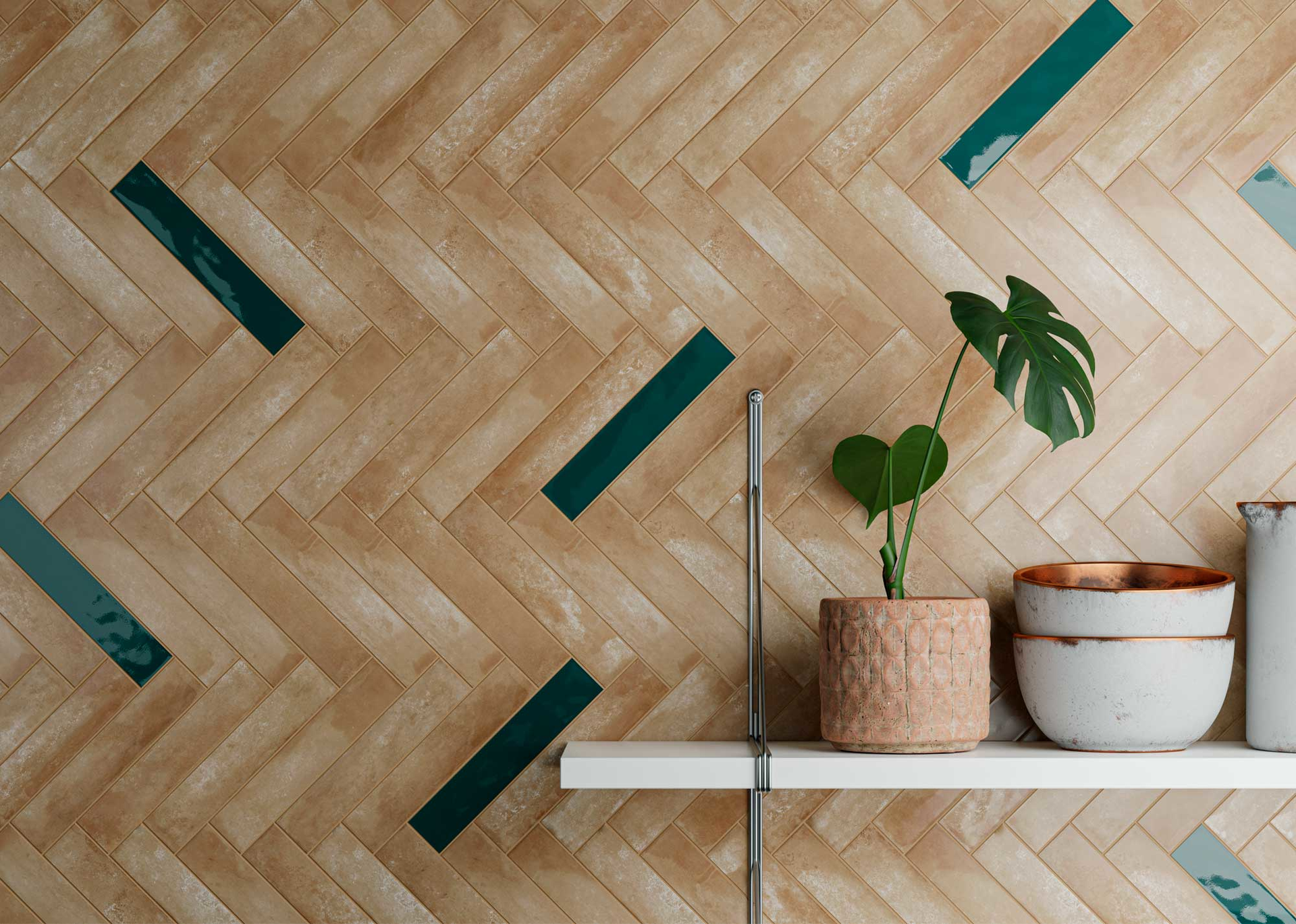 Ceramic Tile Cotto Reactivo Herringbone Wall Natural Green