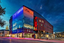 Incorporating spandrel and silkscreen glass with backlit color-changing LEDs, the large &ldquo;Beacon of Learning&rdquo; UTSA logo on the building&rsquo;s northwest corner serves as a defining fa&ccedil;ade feature and an important branding element for the building, which stands apart from UTSA&rsquo;s downtown campus.