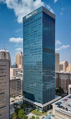 Bockus Payne replaced the bronze colored, single-pane, annealed glass that covered the entire tower with a stand-out, energy-efficient, insulated blue glazing that nods to BancFirst&rsquo;s brand color.