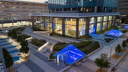 At the lobby level, in place of the old curtain wall system with its closely-spaced, heavy vertical mullions, the design team implemented a suspended, point supported structural glazing system with low-e, low-iron clear glass. This was instrumental in making the tower feel modern and lightweight. At the lobby level, in place of the old curtain wall system with its closely-spaced, heavy vertical mullions, the design team implemented a suspended, point supported structural glazing system with low-e, low-iron clear glass. This was instrumental in making the tower feel modern and lightweight.
