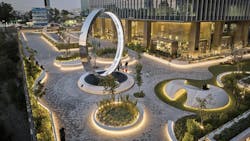 The plaza at Corporativo Neuchatel in Mexico City, Mexico, designed by HOK, has a striking entrance where sculpted corners accentuate the tower's presence and integrate into the urban landscape. The Eye of Mexico, a large digital art sculpture designed by art collectives Ouchhh and MASSIVArt, provides a perfect social media moment. The plaza at Corporativo Neuchatel in Mexico City, Mexico, designed by HOK, has a striking entrance where sculpted corners accentuate the tower's presence and integrate into the urban landscape. The Eye of Mexico, a large digital art sculpture designed by art collectives Ouchhh and MASSIVArt, provides a perfect social media moment.