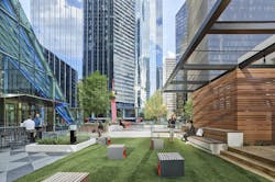 The underutilized JPMorgan Chase Tower plaza in Houston, with the largest Joan Miro sculpture ever commissioned, has been revitalized by decreasing the hardscape and adding vibrant plantings, versatile options, dedicated wireless internet service, and human-scaled gathering areas. Small synthetic lawns are ideal for sitting or game play. The underutilized JPMorgan Chase Tower plaza in Houston, with the largest Joan Miro sculpture ever commissioned, has been revitalized by decreasing the hardscape and adding vibrant plantings, versatile options, dedicated wireless internet service, and human-scaled gathering areas. Small synthetic lawns are ideal for sitting or game play.