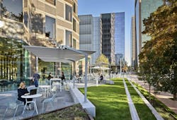 The 1.4-acre plaza around Trammell Crow Center in Dallas has been transformed by converting a closed-off garden into an open and welcoming space. The plaza provides lots of shade, a large green space for events, and a social workspace with dining and seating. The 1.4-acre plaza around Trammell Crow Center in Dallas has been transformed by converting a closed-off garden into an open and welcoming space. The plaza provides lots of shade, a large green space for events, and a social workspace with dining and seating.