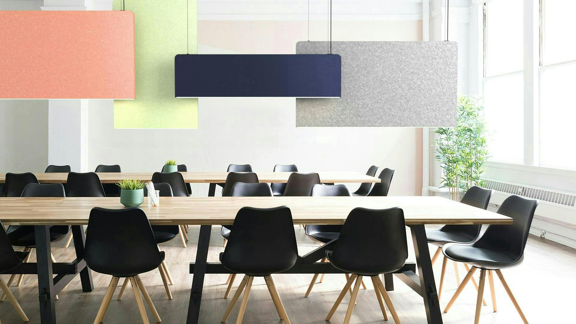 Acoustic lighting fixtures help absorb the emitted sound waves directly above the source.