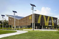 The 19,000 sq. ft. outdoor canopy incorporates rooftop photovoltaics from Onyx Solar to help McDonald's generate more power than it consumes. The 19,000 sq. ft. outdoor canopy incorporates rooftop photovoltaics from Onyx Solar to help McDonald's generate more power than it consumes.