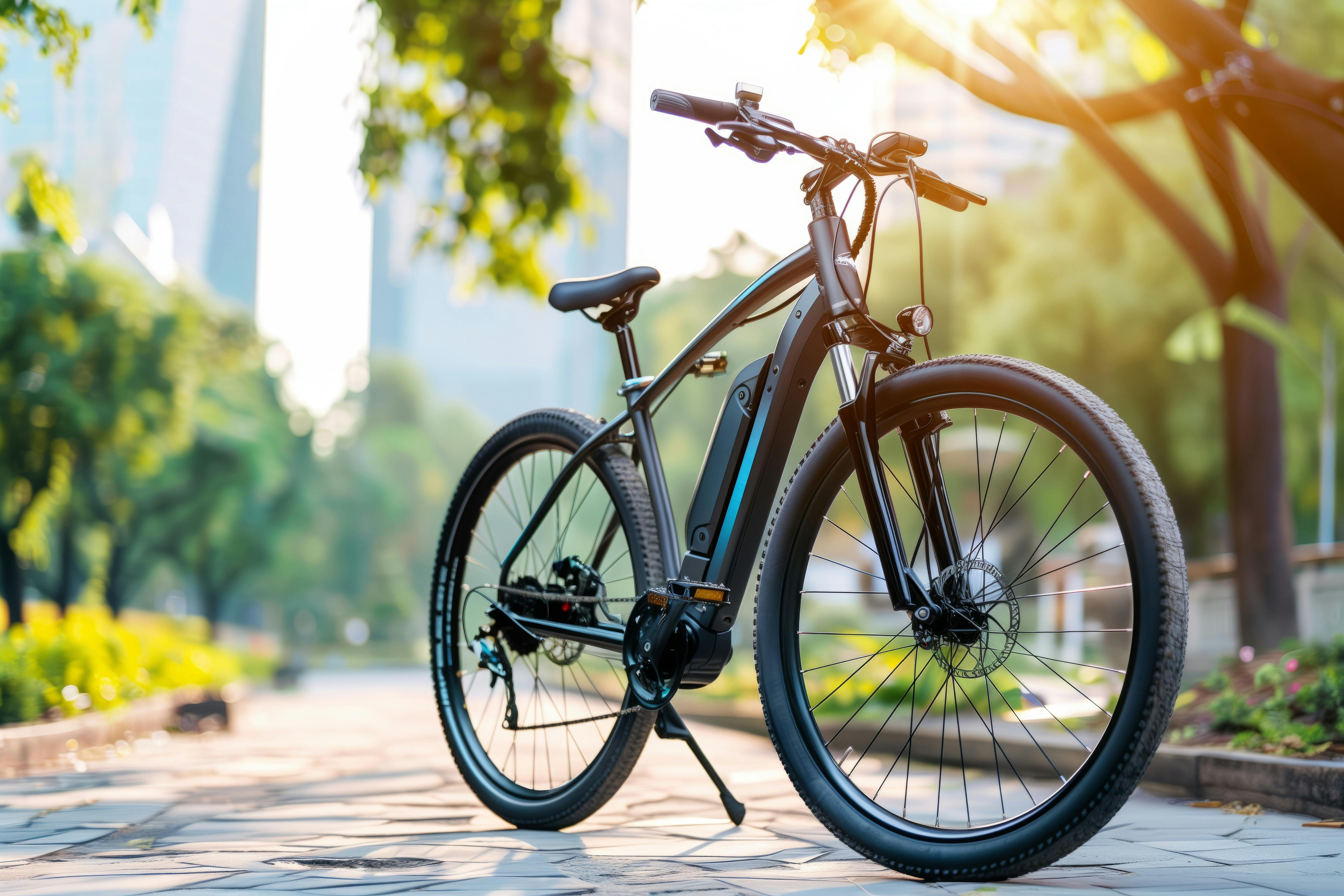 AI rendering of black e-bike with blurred park and cityscape in background.
