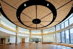 Wood-Look acoustic ceiling panels in lobby of Minneapolis American Indian Center. Wood-Look acoustic ceiling panels in lobby of Minneapolis American Indian Center.