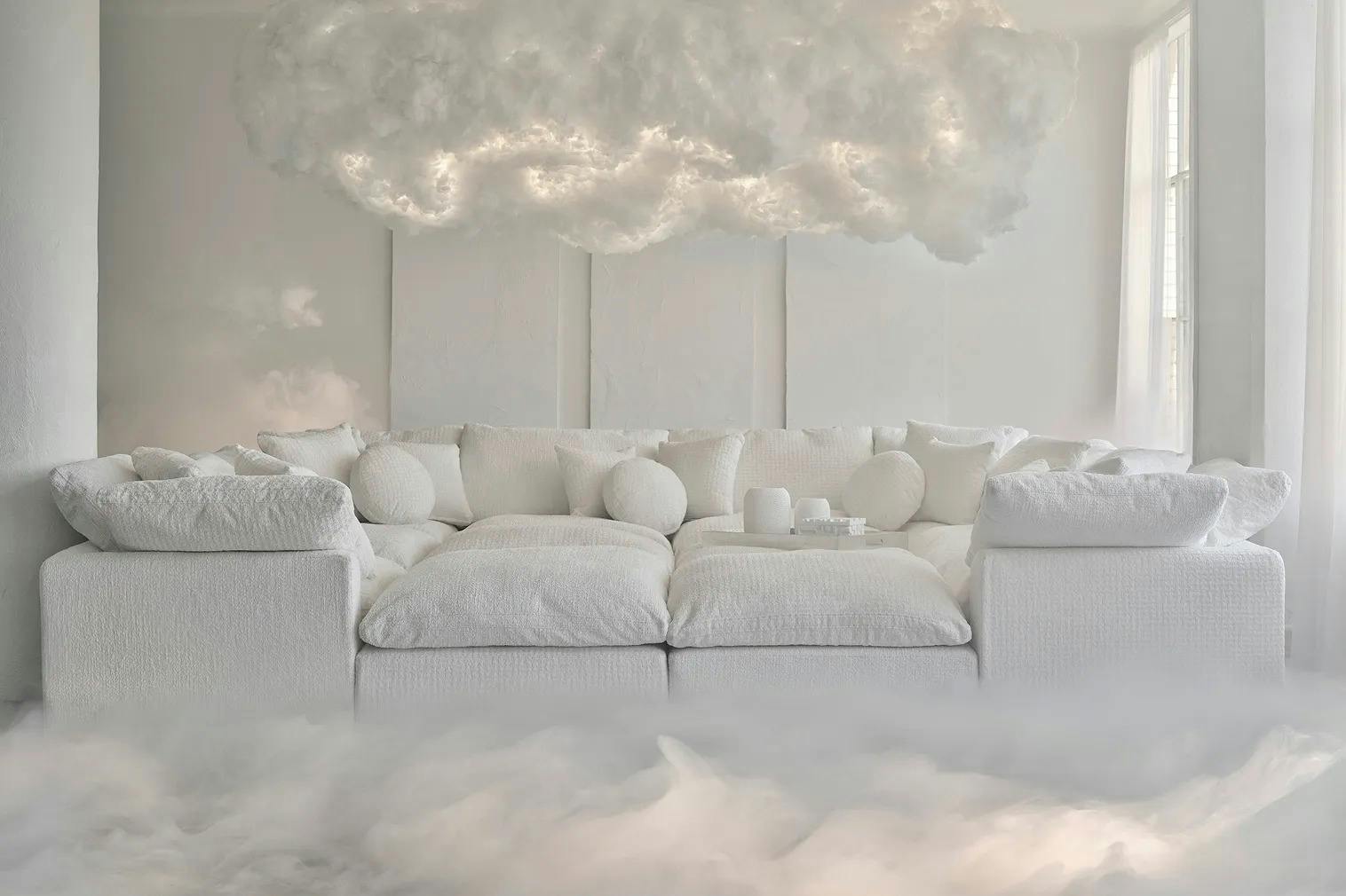 Cloud Dancer by Pantone in an interior with a white couch.