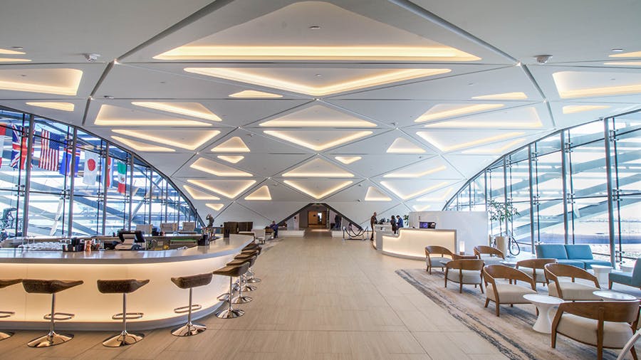 Interior with ceiling finished in CastWorks Glass Fiber Reinforced GYpsum with geometric shapes and integrated lighting.