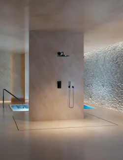 Luxury shower room with site-sizable slot drain and marble stone.