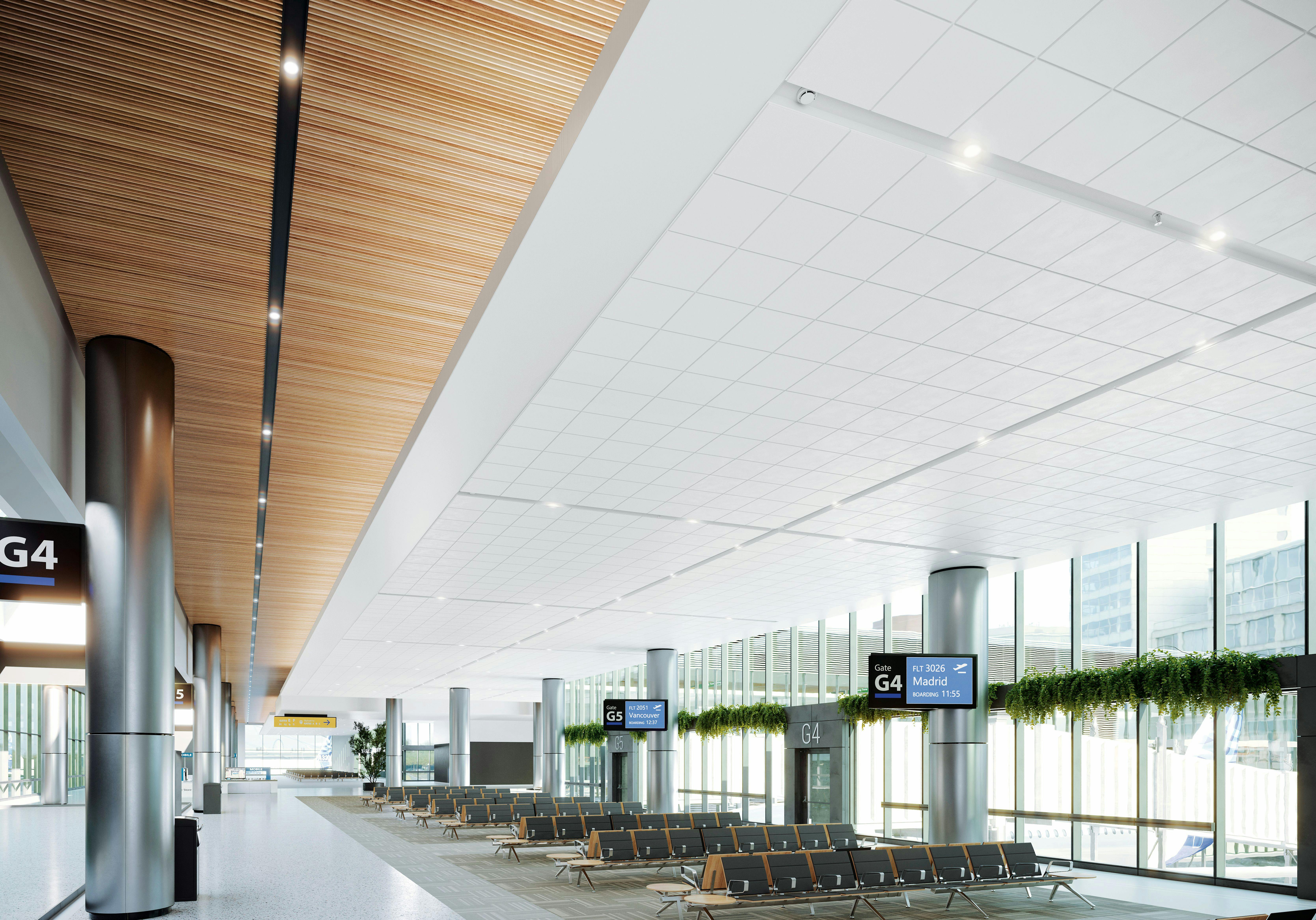 Ceiling with white ceiling tile and wood ceiling panels with Axiom design trench with integrated lighting.