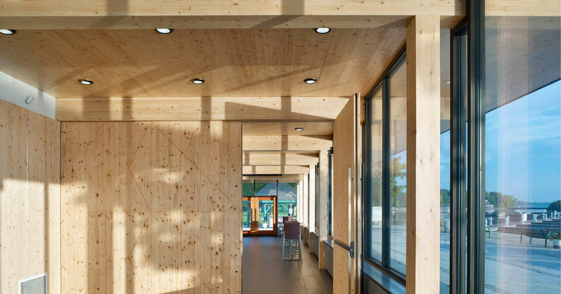 Interior of mass timber-constructed building with architectural appearance grade CLT panels.