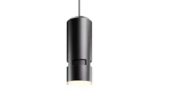 Black cylinder lighting fixture suspended by black cord.