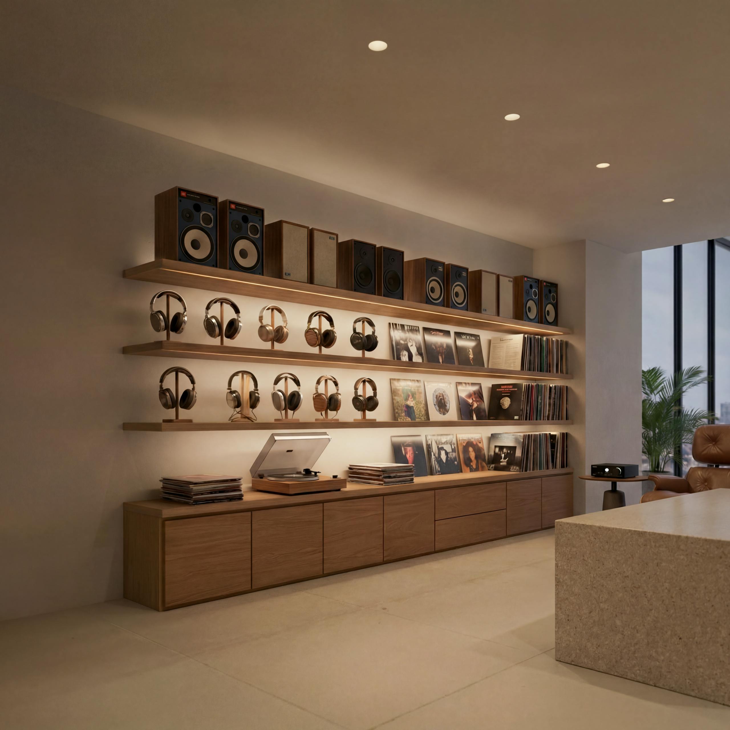 Shelves with headphones, speakers, record players, and lit with concealed linear luminaires.