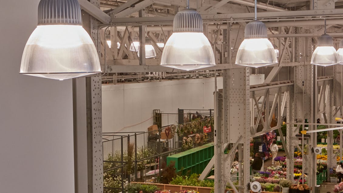 Low bay luminaires with domed tops complement industrial aesthetic at San Francisco Flower Market.