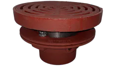 Drain with cast iron body and 9″ adjustable, heavy-duty tractor grate.