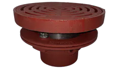 Drain with cast iron body and 9″ adjustable, heavy-duty tractor grate.