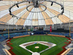 The renovated tensile membrane roof at Tropicana Field seen from under the dome.