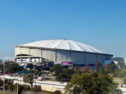 Exterior shot of new PTFE tensile roof at Tropicana Field during the day.