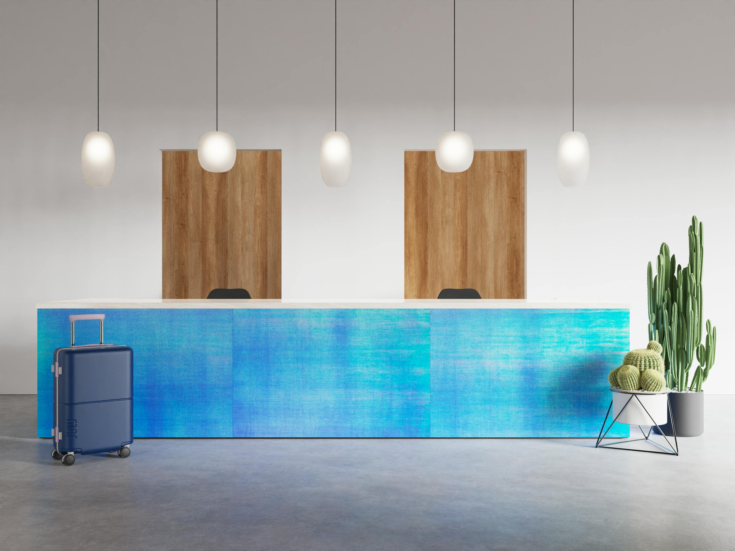 Modern reception desk with pearlescent interlayer in midnight.