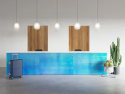 Modern reception desk with pearlescent interlayer in midnight.