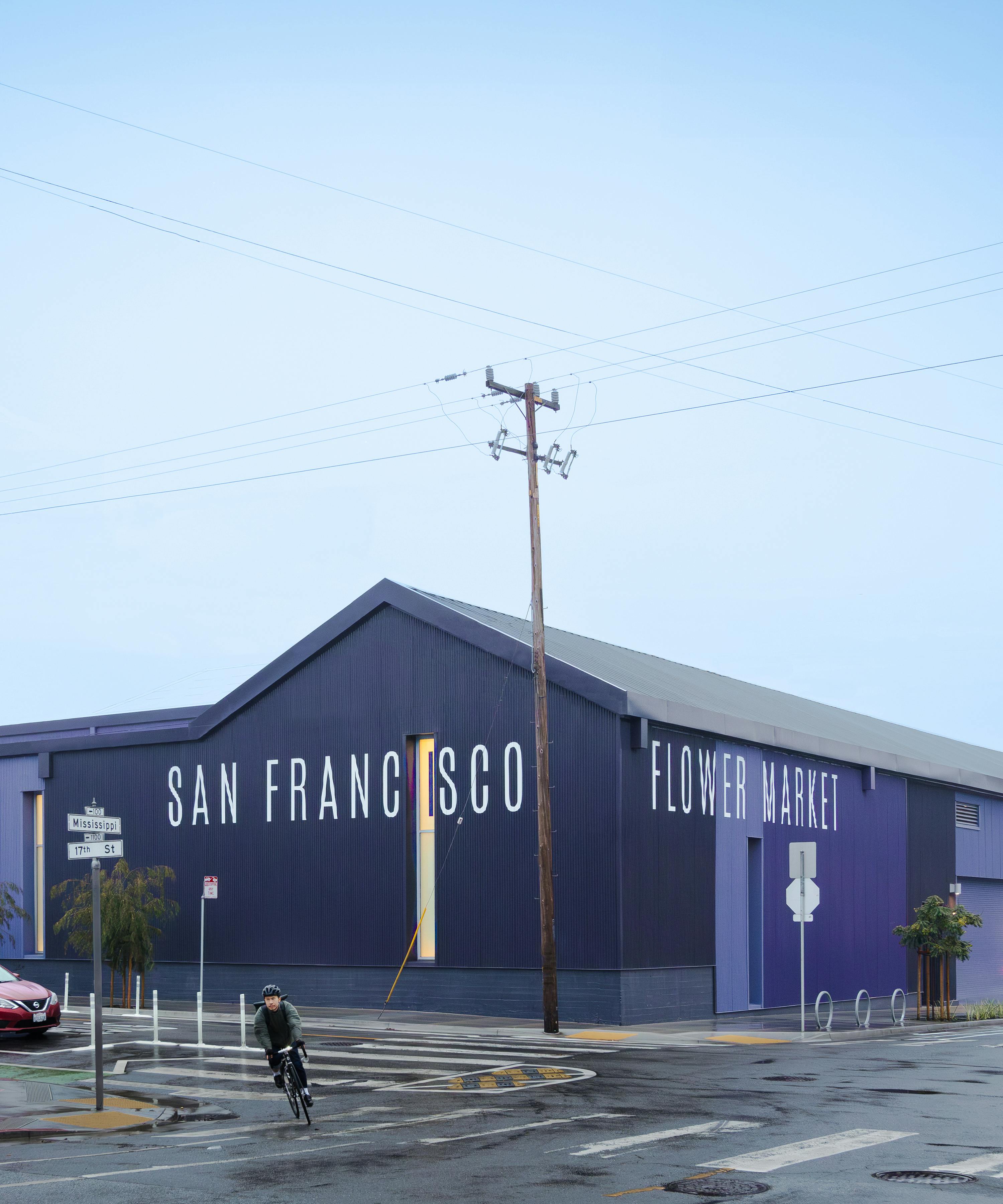 Colorful exterior of the new San Francisco Flower Market at the corner of Mississippi and 17th Street in San Francisco.