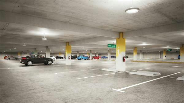 Parking garage interior with several VCPG Ultimate LED parking garage luminaires.