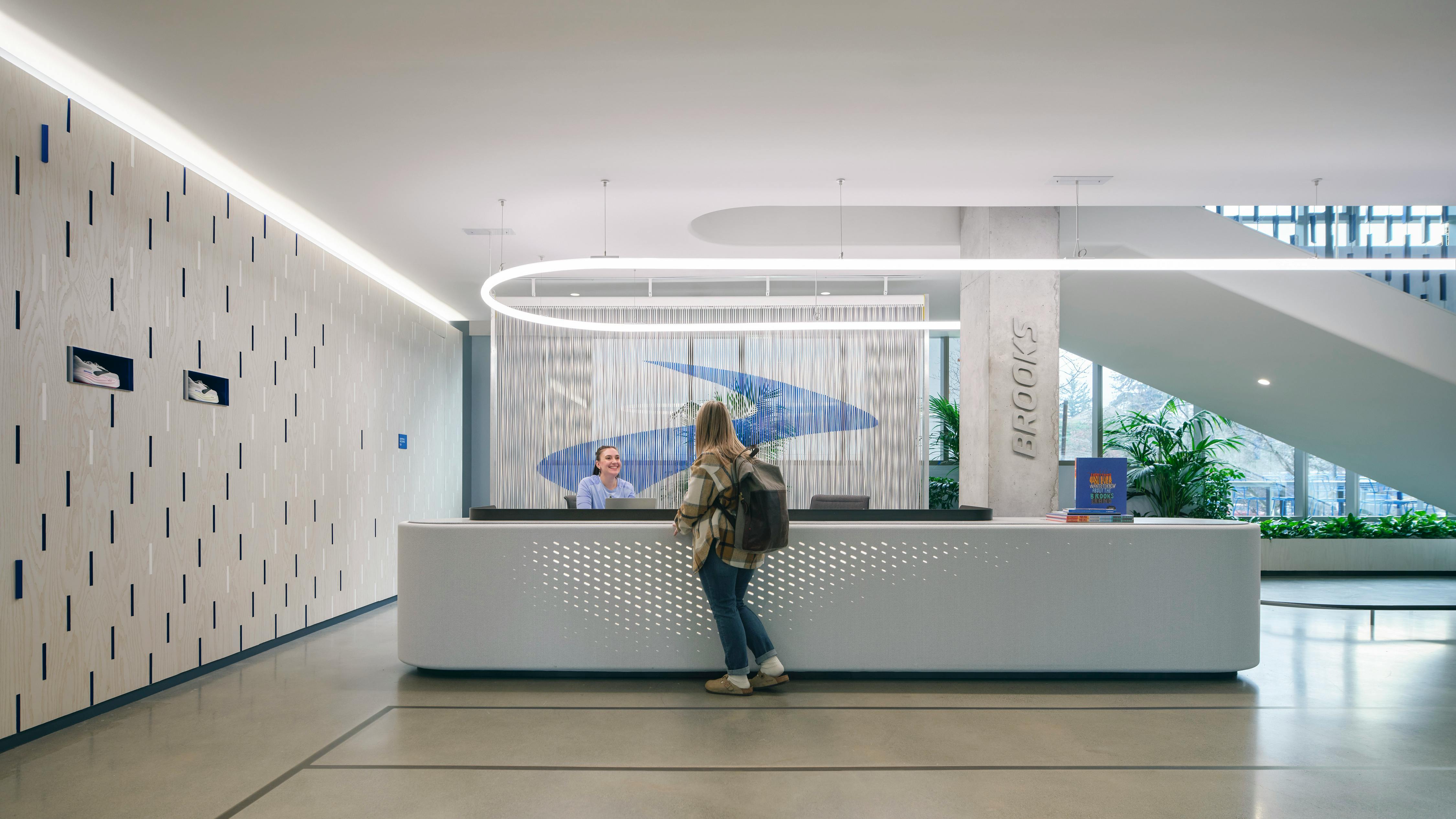 Reception desk at Brooks Running headquarters.