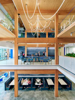 Three-story hybrid mass timber structure in the Brooks Running headquarters designed by NBBJ.