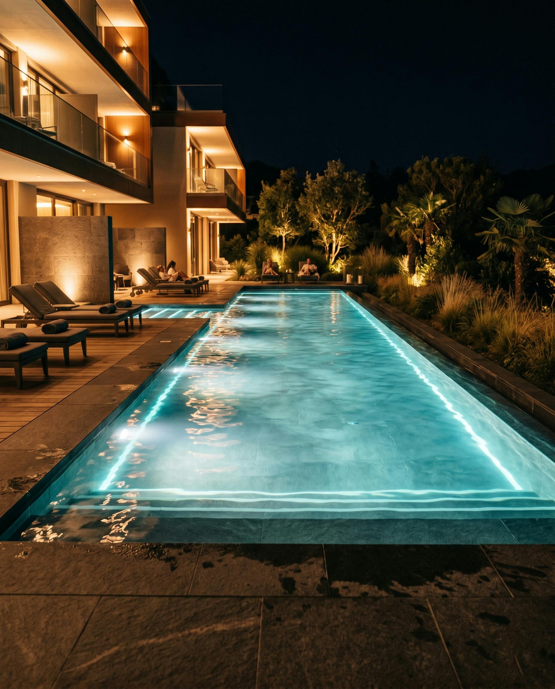 Nighttime image of pool illuminated by underwater luminaires.