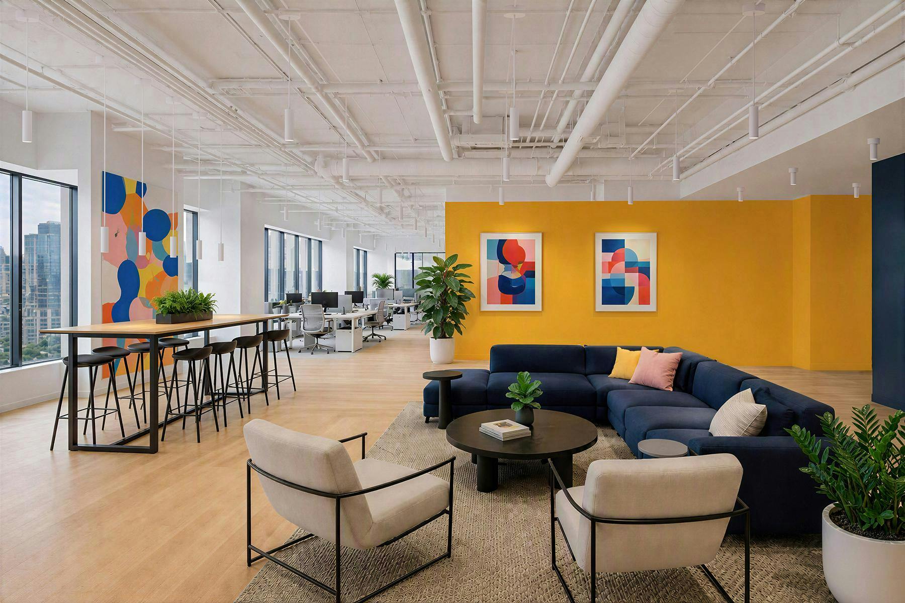 Commercial open office with suspended ID+ 2.5' Pure Cylinder luminaires.