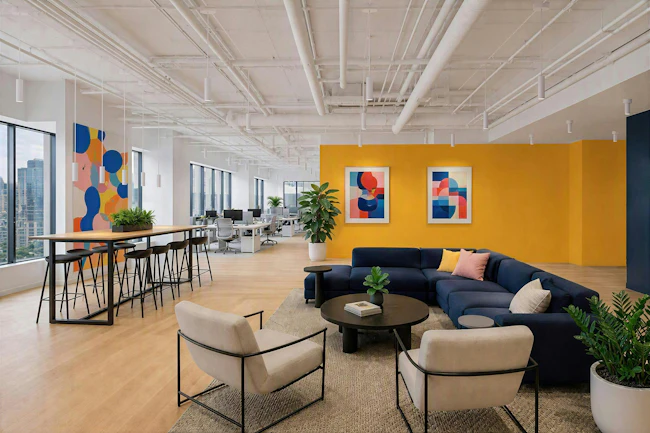 Commercial open office with suspended ID+ 2.5' Pure Cylinder luminaires.