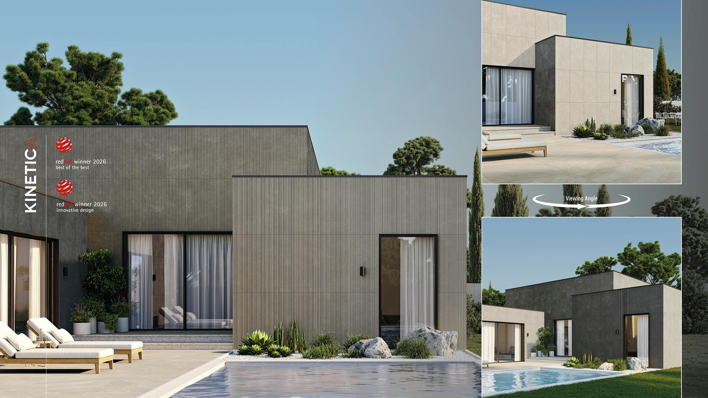 Exterior of building clad in KINETICS tile and showing the change based on angle of view.