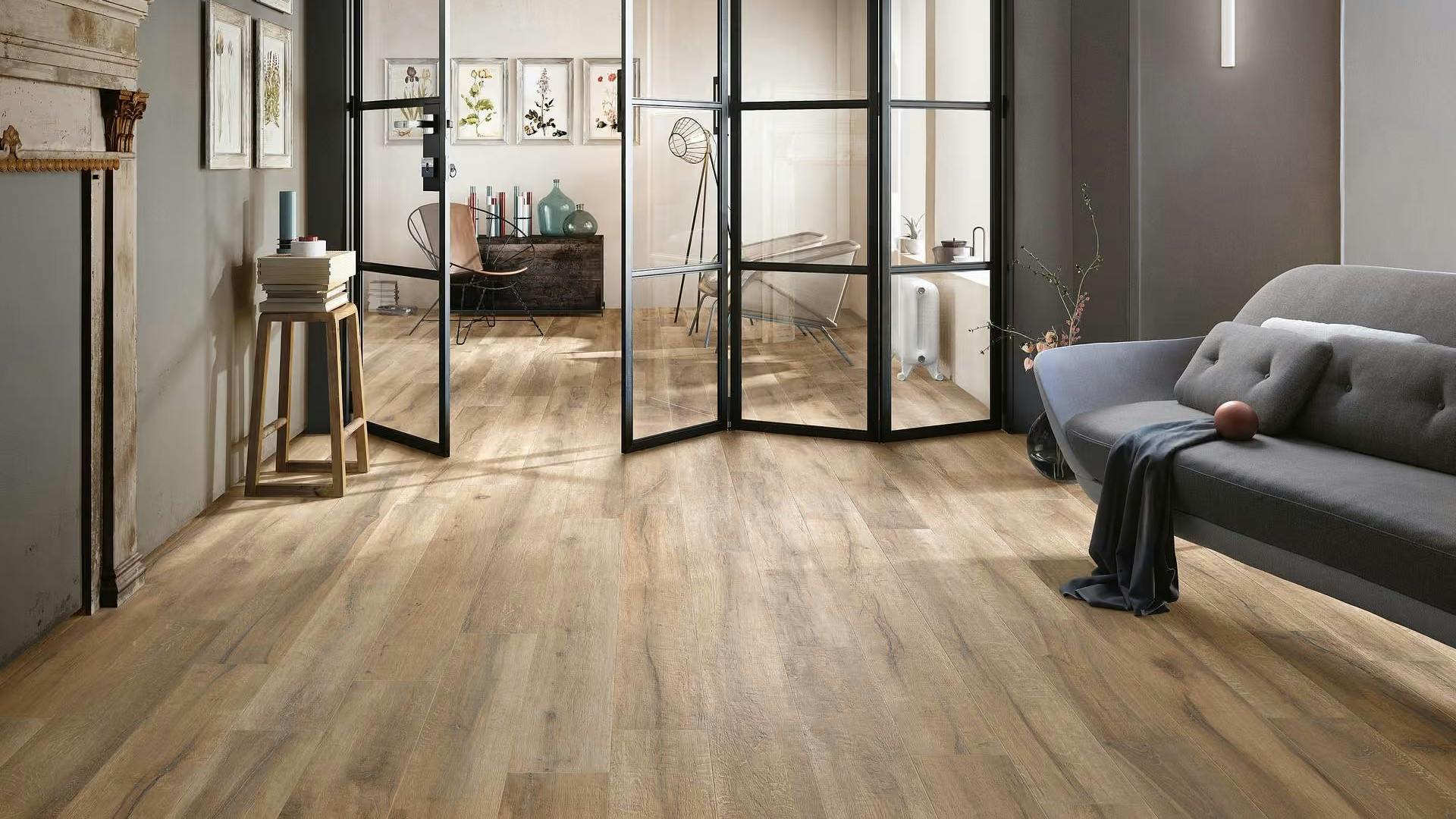 Textured wood-look tile on a living room floor.