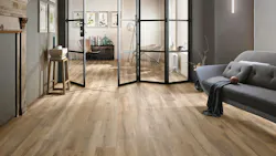 Textured wood-look tile on a living room floor.