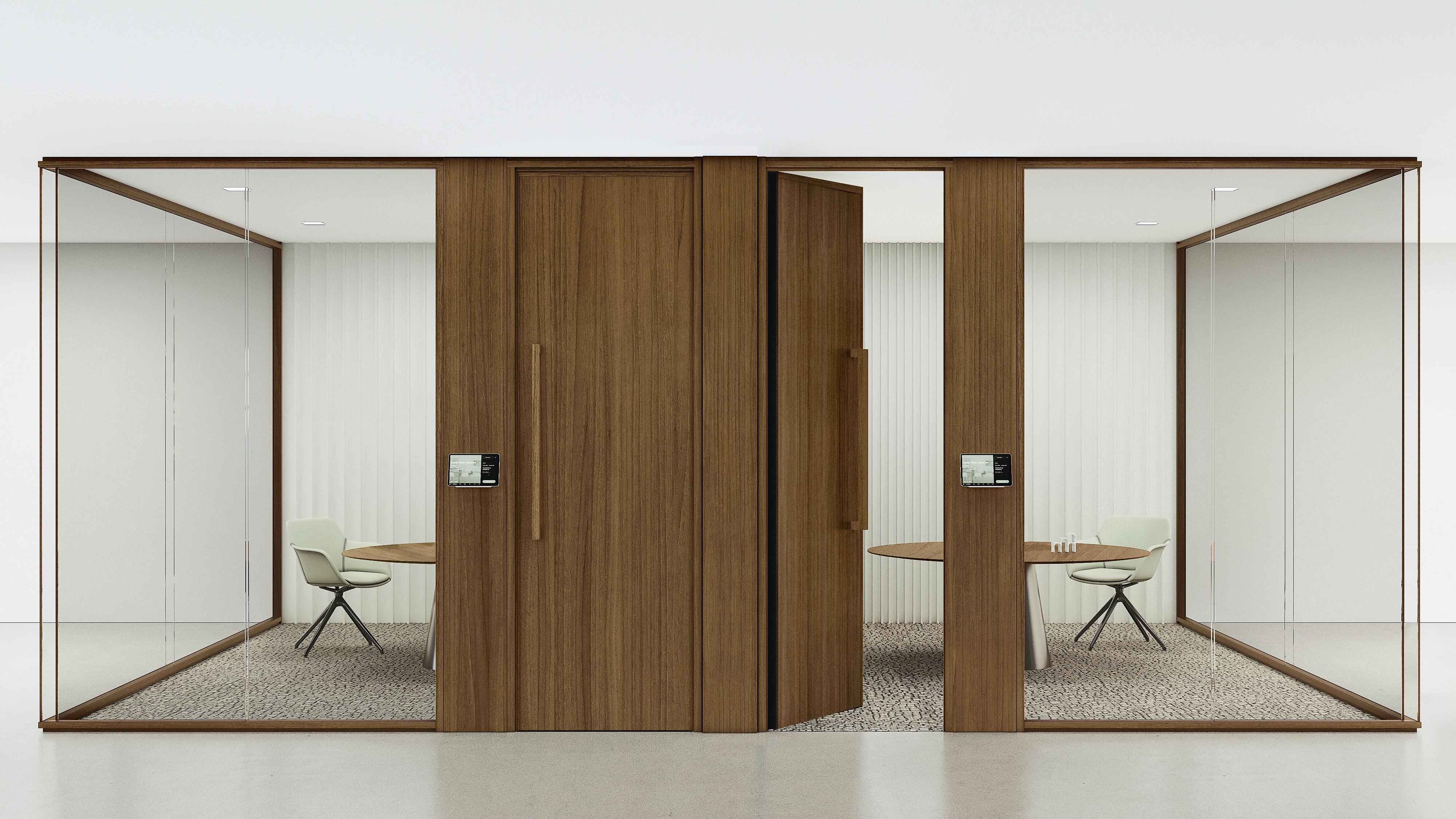 Architectural glass wall panel system in walnut.