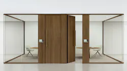 Architectural glass wall panel system in walnut.