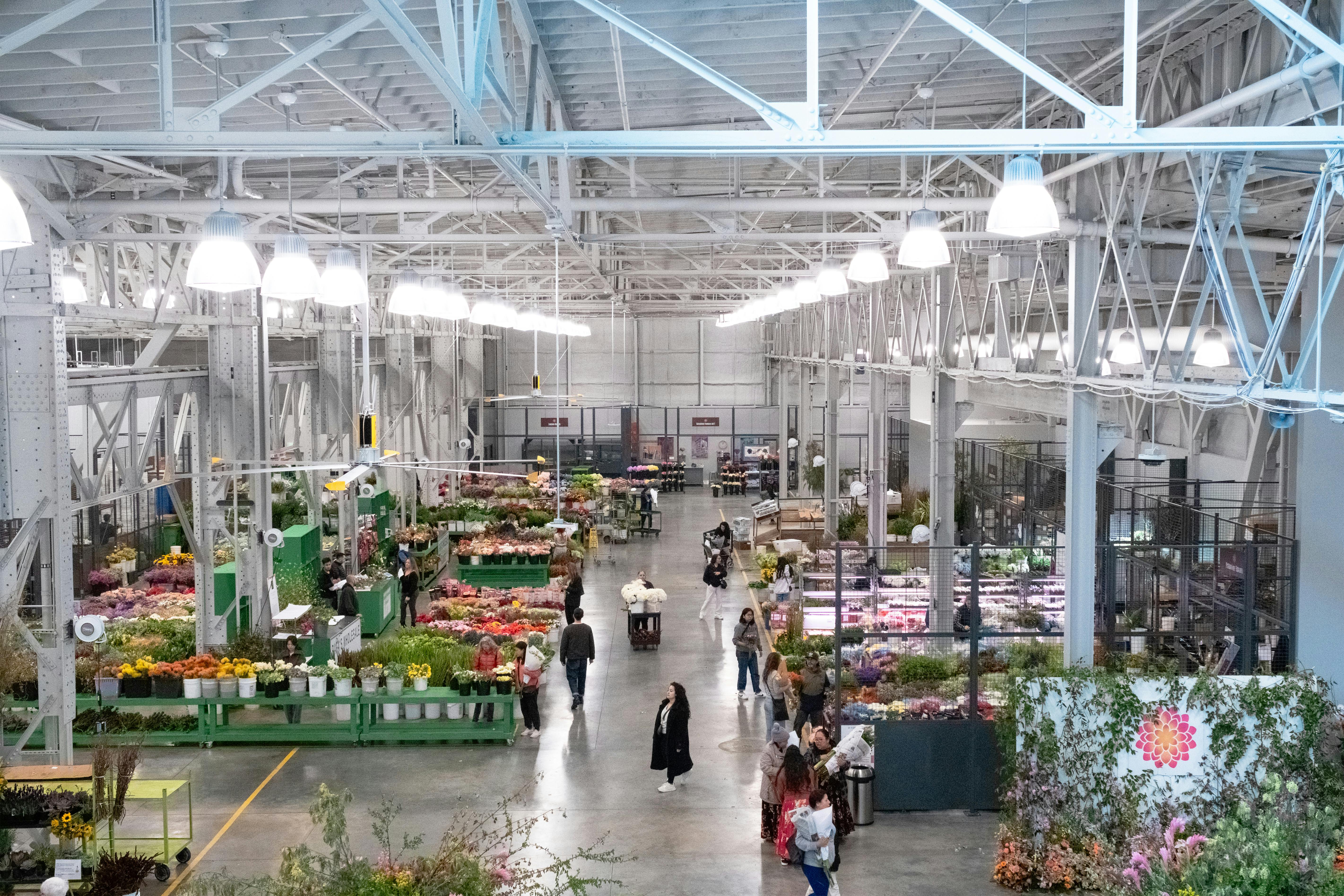 Beautiful flower-filled interior of San Francisco Flower Market.