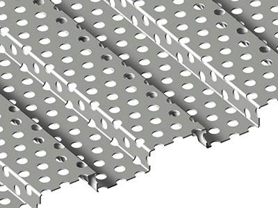 Perforated metal panel system with circular holes.