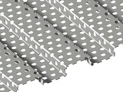 Perforated metal panel system with circular holes.