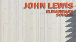 Exterior of John Lewis Elementary School showing oko skin panels in three widths in the color Sahara.